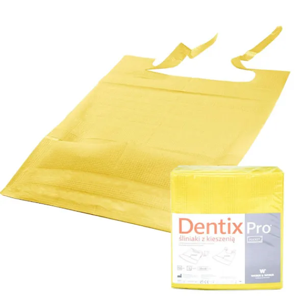 Forklæder>Tandlægesmæk med lomme 39 cm x 48 cm gul folieforet 54 g DentixPro 50 stk.