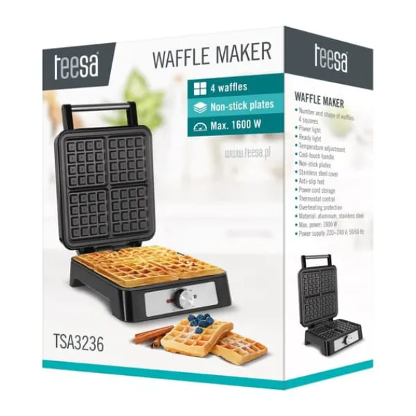 Vaffeljern>TEESA vaffelmaskine, 4 vafler, 1600W, rustfrit stål, effektregulering