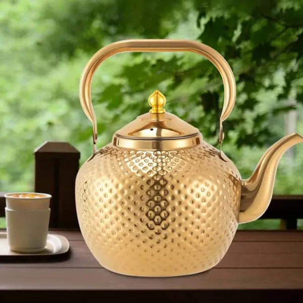 Tekande - Kogeplade Te- og Kaffekande - Rustfrit Stål - 2,0 L - Med Tesi/Filter - Til Løs Te & Blomstrende Te - Guld New
