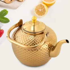 Tekande - Kogeplade Te- og Kaffekande - Rustfrit Stål - 2,0 L - Med Tesi/Filter - Til Løs Te & Blomstrende Te - Guld New