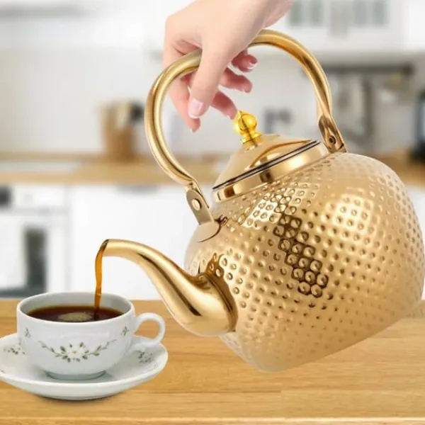 Tekande - Kogeplade Te- og Kaffekande - Rustfrit Stål - 2,0 L - Med Tesi/Filter - Til Løs Te & Blomstrende Te - Guld New