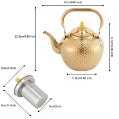 Tekande - Kogeplade Te- og Kaffekande - Rustfrit Stål - 2,0 L - Med Tesi/Filter - Til Løs Te & Blomstrende Te - Guld New