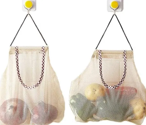 Madopbevaringsposer>Återanvändbara hängande nätpåsar for frugt og grønsaker til frugt, grønt, potatis, løg, paprika eller grønt, 3-pack