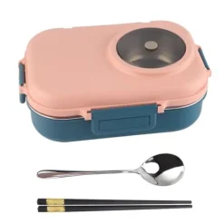 Beholdere Til Mad & Drikkevarer>Termomadkasse i rustfrit stål - 1100 ml, dobbelt lag, 3-gitterdesign, med spisepinde, ske og suppeskål - lyserød