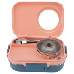 Beholdere Til Mad & Drikkevarer>Termomadkasse i rustfrit stål - 1100 ml, dobbelt lag, 3-gitterdesign, med spisepinde, ske og suppeskål - lyserød