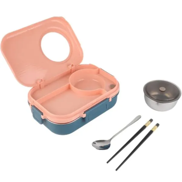 Beholdere Til Mad & Drikkevarer>Termomadkasse i rustfrit stål - 1100 ml, dobbelt lag, 3-gitterdesign, med spisepinde, ske og suppeskål - lyserød