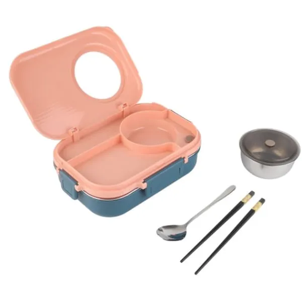 Beholdere Til Mad & Drikkevarer>Termomadkasse i rustfrit stål - 1100 ml, dobbelt lag, 3-gitterdesign, med spisepinde, ske og suppeskål - lyserød