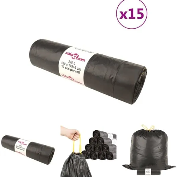 The Living Store affaldsposer med lukkesnor 150 stk. 240 l sort - Skraldeposer Clearance