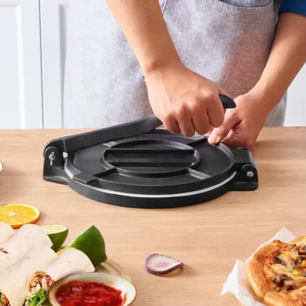 Brødristere, Raclettegrills Og Sandwichtoastere>Tortilla Presse, 8 tommer, Støbejerns Heavy Duty Tortilladora, Forberedt Pataconera med 100 stk pergamentpapir til Mel Tortilla.