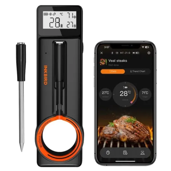 Køkkentermometre>Trådløs BBQ-termometer, Bluetooth 5.4-forbindelse, ultratynd probe,INT-21-B