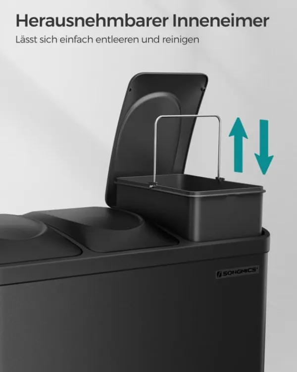 Affaldssorteringsspande>Tredobbelt køkkenspand, genbrugsspand, pedal, metalskraldespand, 45 L, affaldssorteringssystem køkkenspand, 3 x 15 L, med låg, stål, sort