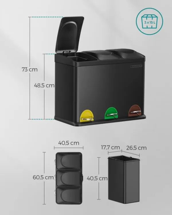Affaldssorteringsspande>Tredobbelt køkkenspand, genbrugsspand, pedal, metalskraldespand, 45 L, affaldssorteringssystem køkkenspand, 3 x 15 L, med låg, stål, sort