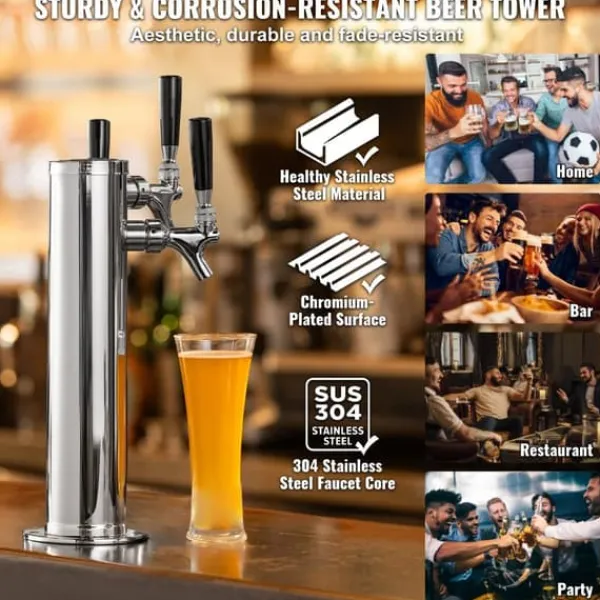 Triple Taps Fadølstårndispenser, rustfrit stål, Kegerator Tower Kit med slanger og selvlukkende vandhane, perfekt til fest