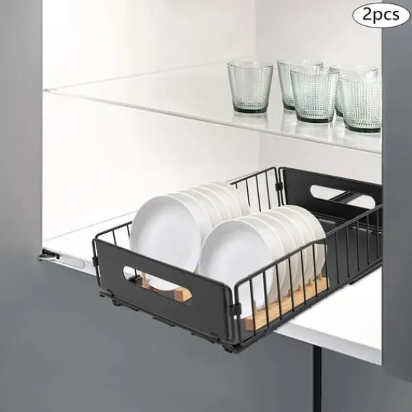 Udtrækkelig skabsorganisator - Opbevaringskurve - Rustbestandigt kulstofstål - 2-pak - Bæreevne 4–5 kg pr. kurv - Mål 37,5×24,5×10 cm - Sort Sale