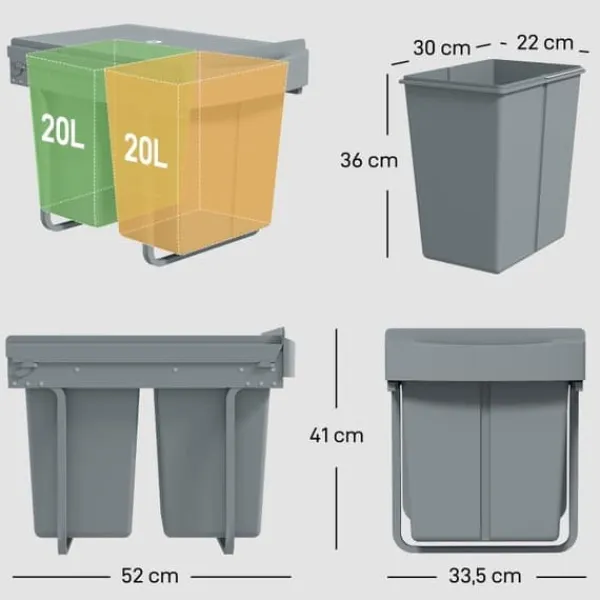 Affaldssorteringsspande>Udtræksbeholder, 2 x 20 liter, aftagelige beholdere, plastik, metal, grå
