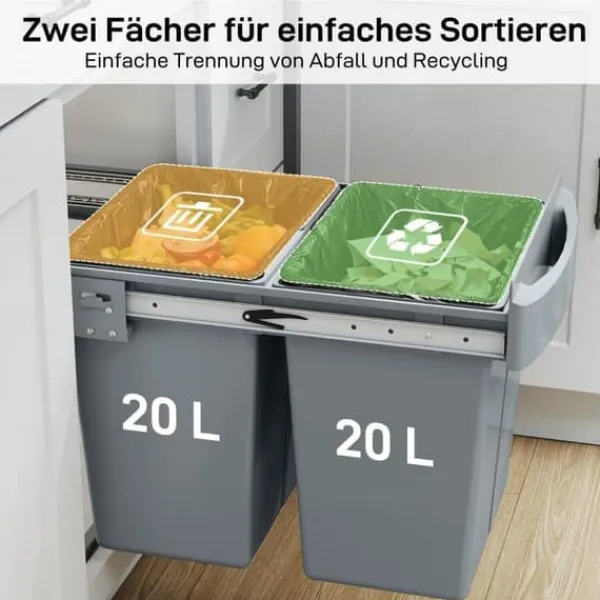 Affaldssorteringsspande>Udtræksbeholder, 2 x 20 liter, aftagelige beholdere, plastik, metal, grå