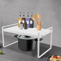 Udvidelig køkkenhylde, teleskopisk skabsindsats, til køkkenskabe og bordplader, hvid Outlet