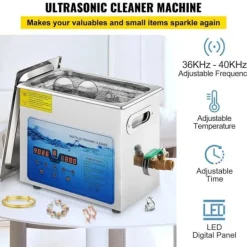 Ultralydsrensemaskine, 36KHz~40KHz justerbar frekvens, 6L 220V, digital timer og varmelegeme. Ideel til smykker og briller. FCC/CE/RoHS godkendt.