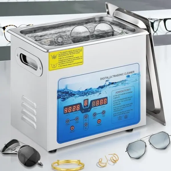 Ultralydsrensemaskine, 36KHz~40KHz justerbar frekvens, 6L 220V, digital timer og varmelegeme. Ideel til smykker og briller. FCC/CE/RoHS godkendt.