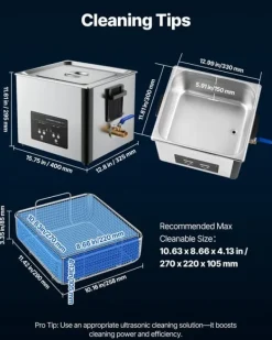 Ultralydsrenser - Professionel industriel 15 L - 240 W - 40 kHz - Rustfrit stål - Digitalt display - Rengøringskurv - Til dele & karburatorer Sale