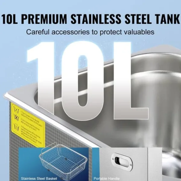 Ultralydsrenser>Ultralydsrenser med digital timer og varme, professionel til smykker, briller, ure og små deler (10L) i rustfrit stål.