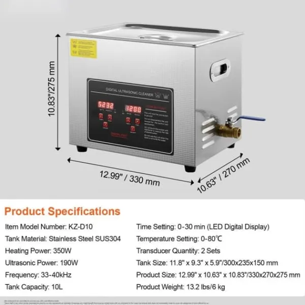 Ultralydsrenser>Ultralydsrenser med digital timer og varme, professionel til smykker, briller, ure og små deler (10L) i rustfrit stål.