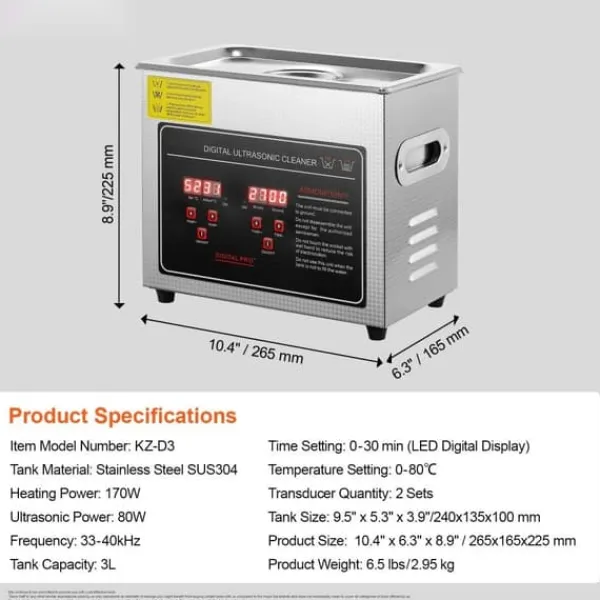 Ultrasonisk rengører med digital timer og varme, professionel til smykker, briller, små dele og printplader (3L). Best