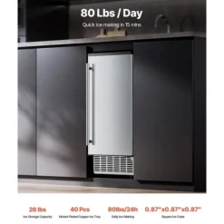 Isproducenter>Underbords ismaskine, 80 lbs/dag, Indbygget ismaskine med vendbar dør, energieffektiv, pladsbesparende design