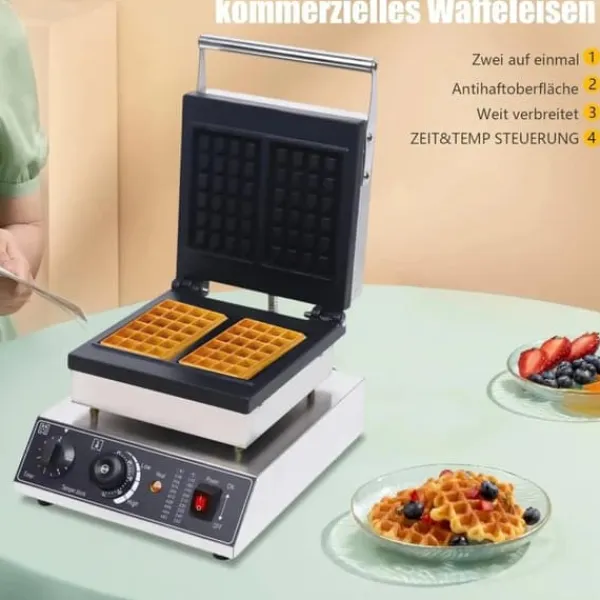 Vaffeljern - Belgisk/Bruxelles-vaffeljern - 2 Firkantede Vafler - 1750 W - Justerbar Temperatur - 180° Roterbart Discount