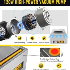 Vakuumforsegler, Motoreffekt 120W, Forseglingslængde 10,2 tommer, Forseglingsbredde 0,3 tommer, Vakuumpumpehastighed 3 m³/t, Dimensioner 12,9 x 10 Sale