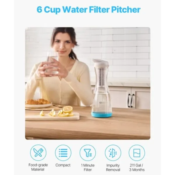 Vandfilterkande i Glas, 6 Kop, Vandfiltreringskande 211 Gallon, Høj Filtreringseffektivitet Hot