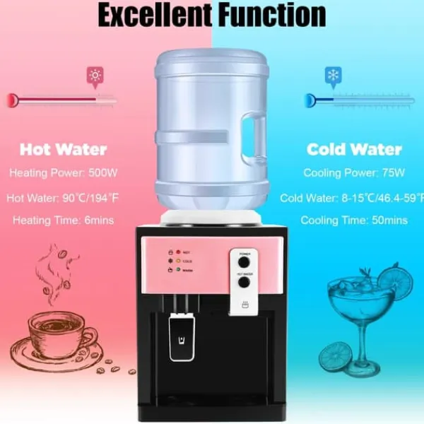 Vandkølere>Vandkøler og dispenser - HS-09 - Varm & kold - Fritstående - Til 4,5 L dunke - EU-stik 220V/50Hz - 500W opvarmning, 75W køling - Brun