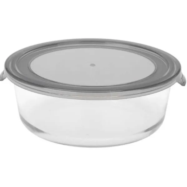 Beholdere Til Madopbevaring>Varmebestandig glasbeholder, rund, salatskål med låg, til mad, KEEP IT FRESH, 1300 ml, grå