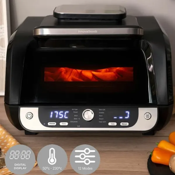 Grill-Ovne & Ovn Med Roterende Stegespyd>Varmluftsfrituregryde med grill, tilbehør og opskriftsbog InnovaGoods Fryinn 12-in-1 6000 Sort Stål 3400 W 6 L