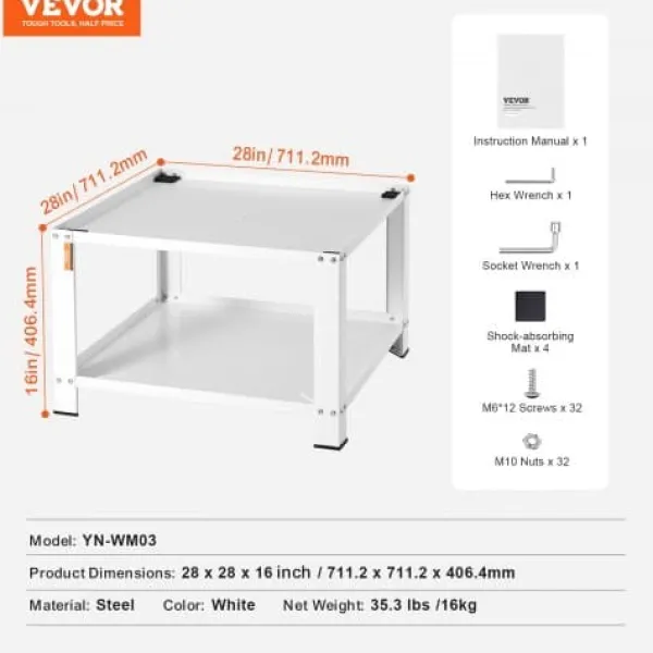 Vaskemaskiner>Vaskesokkel med opbevaringshylde, 71x71x40,6 cm, Hvid, Stål