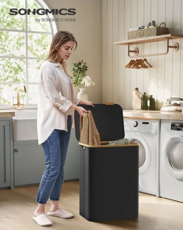 Vasketøjsudstyr>Vasketøjskurv med låg, 2-delt stor vasketøjskurv, 130 l, aftagelig netforing, Oxford-stof, bambushåndtag, sammenklappelig, 52 x 38,5 x 70,5 cm, blæks | CDON