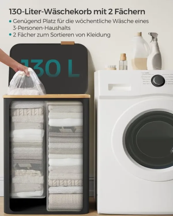 Vasketøjsudstyr>Vasketøjskurv med låg, 2-delt stor vasketøjskurv, 130 l, aftagelig netforing, Oxford-stof, bambushåndtag, sammenklappelig, 52 x 38,5 x 70,5 cm, blæks | CDON