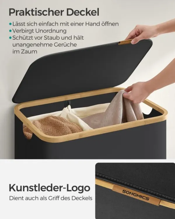 Vasketøjsudstyr>Vasketøjskurv med låg, 2-delt stor vasketøjskurv, 130 l, aftagelig netforing, Oxford-stof, bambushåndtag, sammenklappelig, 52 x 38,5 x 70,5 cm, blæks | CDON