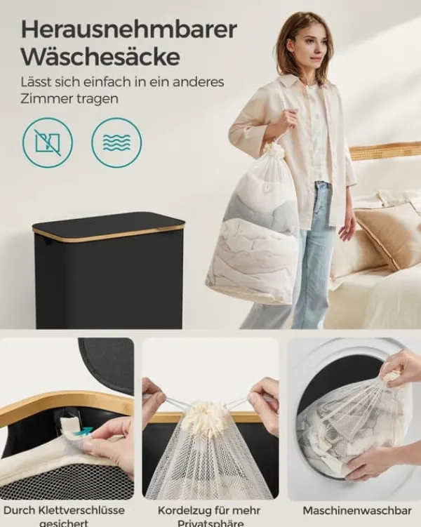 Vasketøjsudstyr>Vasketøjskurv med låg, 2-delt stor vasketøjskurv, 130 l, aftagelig netforing, Oxford-stof, bambushåndtag, sammenklappelig, 52 x 38,5 x 70,5 cm, blæks | CDON