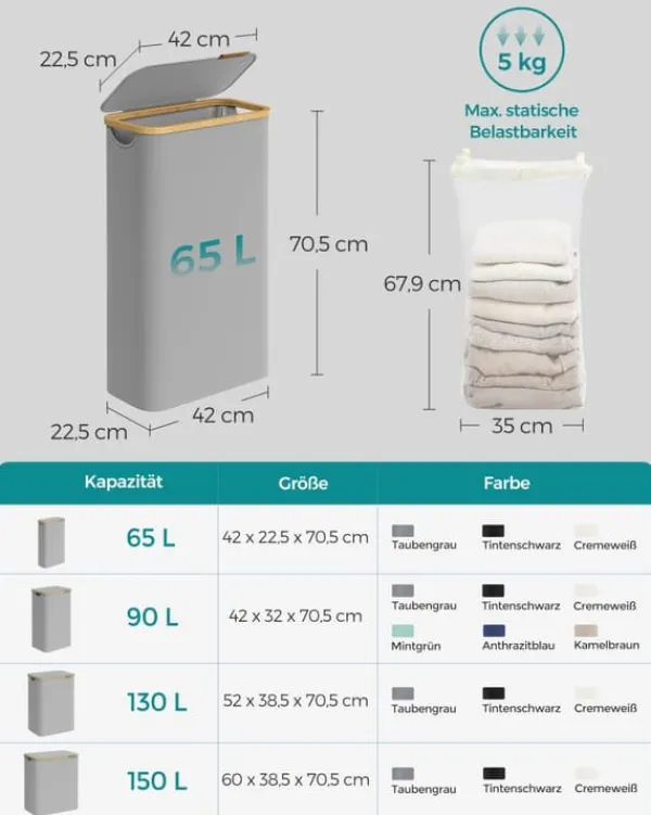 Vasketøjskurv, SONGMICS, Oxford-stof, Bambus, Sammenklappelig. Clearance