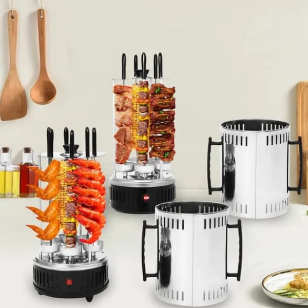 Grill-Ovne & Ovn Med Roterende Stegespyd>Vertikal elektrisk grill rotisseri - SW-5 - 1000 W - Rustfrit stål - Automatisk rotation - Til kebab, shawarma, gyros - Hvid