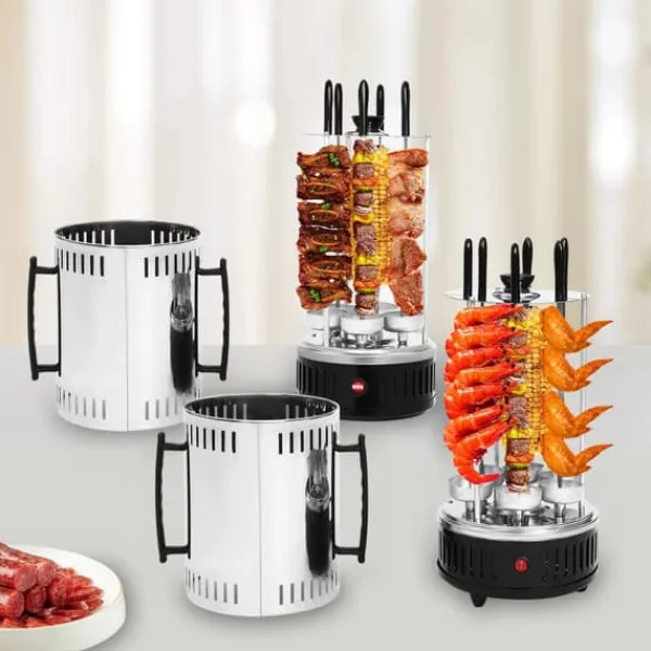 Grill-Ovne & Ovn Med Roterende Stegespyd>Vertikal elektrisk grill rotisseri - SW-5 - 1000 W - Rustfrit stål - Automatisk rotation - Til kebab, shawarma, gyros - Hvid