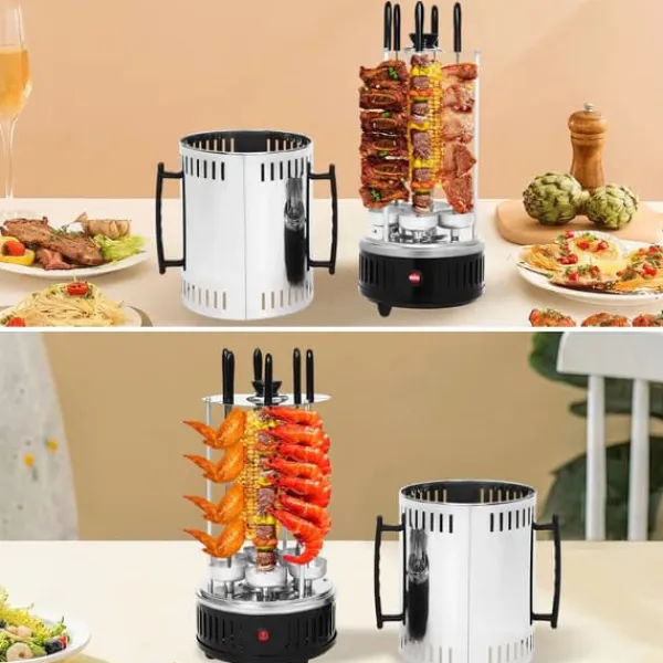 Grill-Ovne & Ovn Med Roterende Stegespyd>Vertikal elektrisk grill rotisseri - SW-5 - 1000 W - Rustfrit stål - Automatisk rotation - Til kebab, shawarma, gyros - Hvid