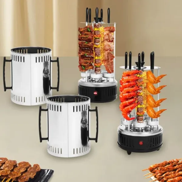 Grill-Ovne & Ovn Med Roterende Stegespyd>Vertikal elektrisk grill rotisseri - SW-5 - 1000 W - Rustfrit stål - Automatisk rotation - Til kebab, shawarma, gyros - Hvid