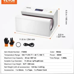 Vevor Auto Tumbler Varmepresser, Understøtter 11-30oz Kopper, 550W Effekt, Automatisk Trykjustering,hvid New