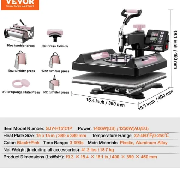 VEVOR Varmepressemaskine, 15x15in Varmeplade, 1150W Effekt,15x15in 8in1 B Pink Sale