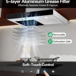 Væghængt Køkkenemhætte, 400m³/t Udsugning, Ultra-Stille 52dB, Energi Effektiv A+++,EU Online