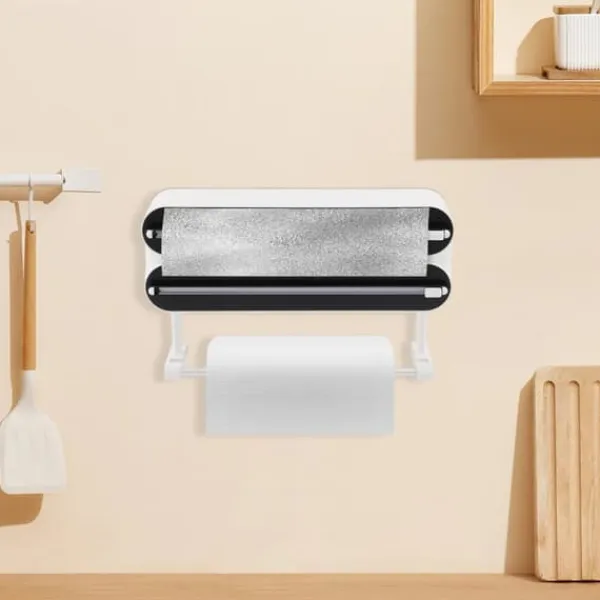 Vægmonteret Dispenser - 3‑i‑1 Rulleholder - Alufolie- og Plastfilm-dispenser - Køkkenrulleholder - 2 Kroge - ≤15×28,5 cm - ABS + Aluminium - Bronze New