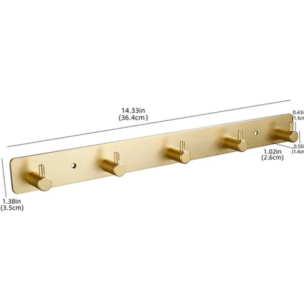 Vægmonteret knagerække i guld med 5 kroge - installation uden boring Clearance
