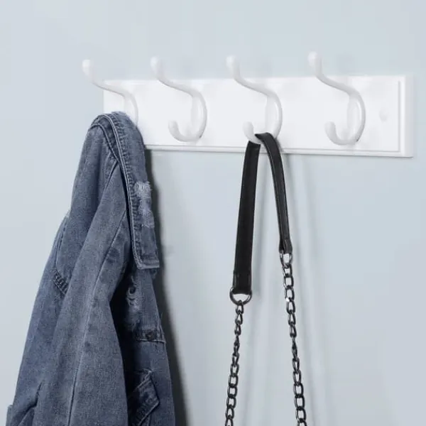 Vægmonteret knagerække med 4 metalkroge, vægknagerække i træ til soveværelse, entré, badeværelse, hvid New